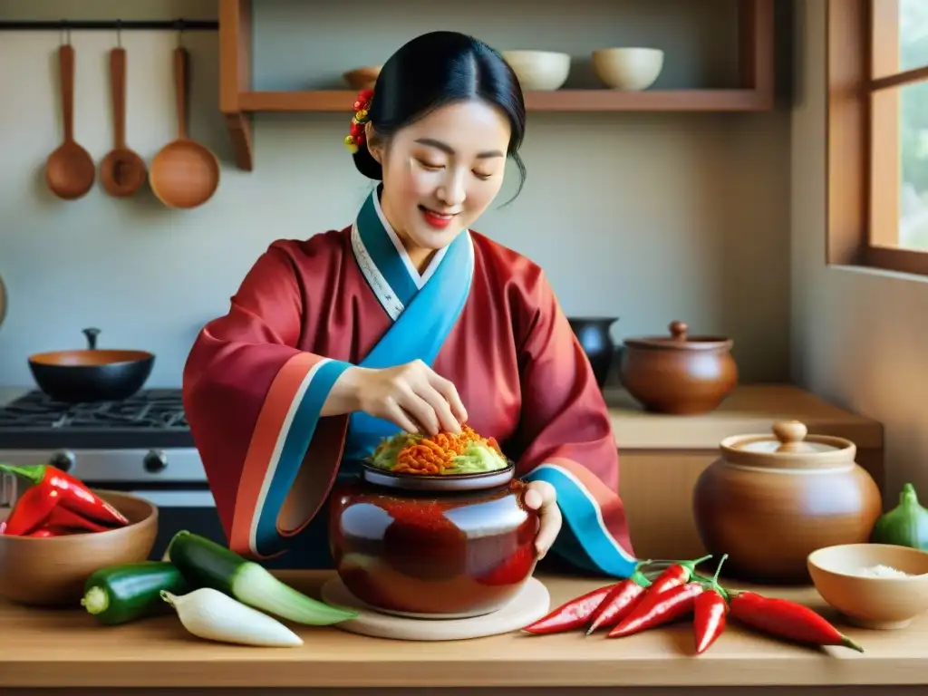 Una abuela coreana en hanbok prepara kimchi en una cocina tradicional, evocando la receta kimchi sin gluten coreano