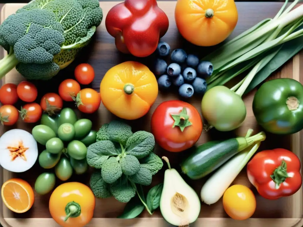 Una abundante variedad de frutas y verduras frescas, ricas en vitaminas y sin gluten, dispuestas de forma vibrante en una tabla de cortar de madera