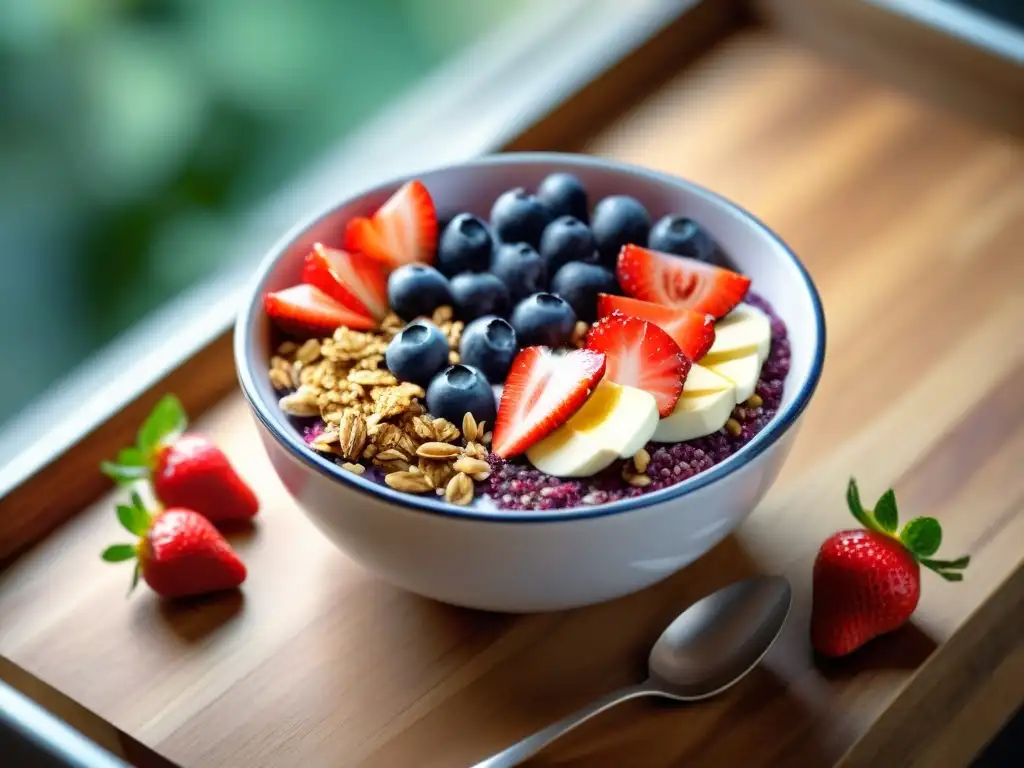 Un acai bowl vibrante y colorido con fresas, arándanos, granola, miel, menta, chía y coco