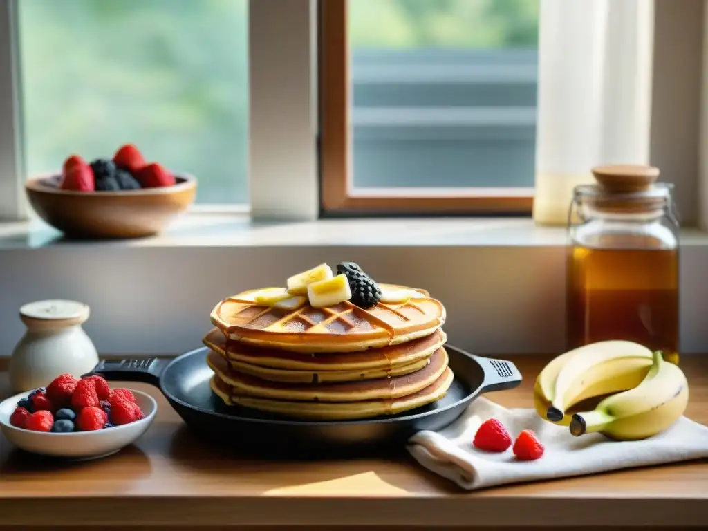 Cocina acogedora con ingredientes sin gluten para pancakes y waffles Un acogedor ambiente de cocina con ingredientes para panqueques sin gluten, listos para preparar