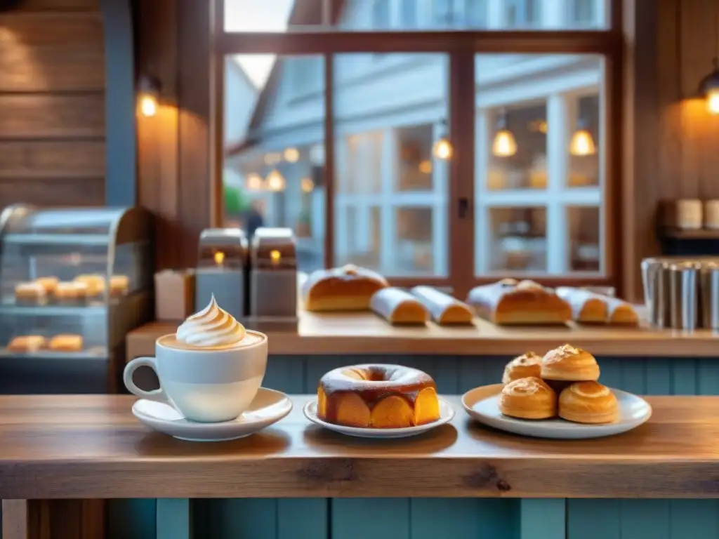 Acogedor café con ambiente cálido, mostrando cafés sin gluten deliciosos en mesa de madera rústica iluminada por el sol