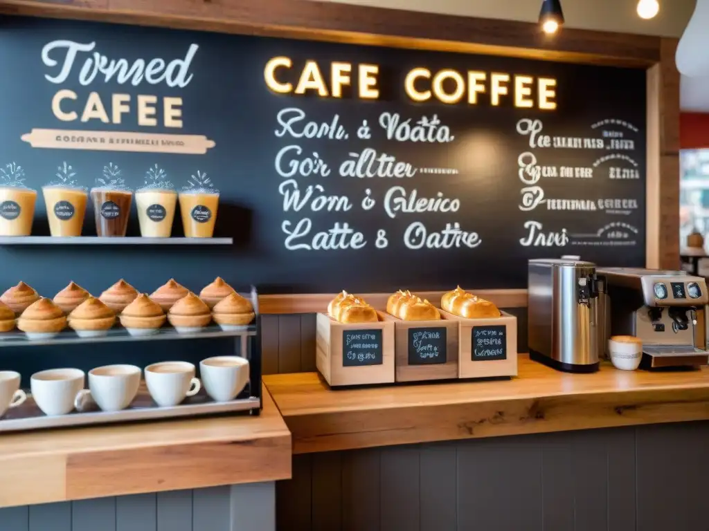 Un acogedor café con encanto, mostrando delicias sin gluten y un barista creando arte en un cappuccino