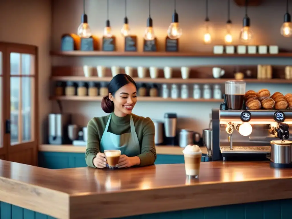 Un acogedor café sin gluten con un barista preparando café expertamente, pasteles y ambiente cálido