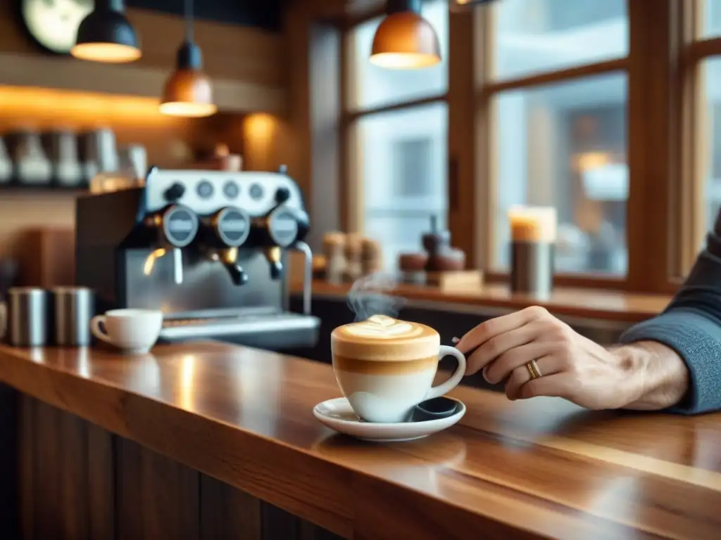 Un acogedor café sin gluten donde el barista crea arte en el café, con clientes disfrutando de la atmósfera