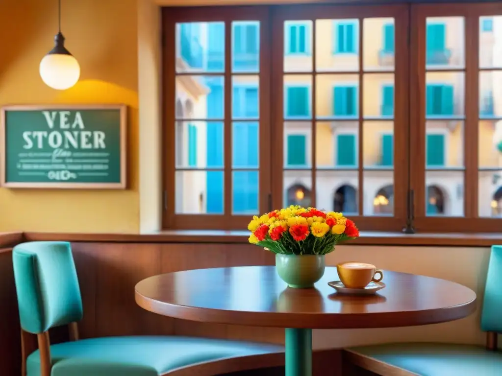 Rincón acogedor de café sin gluten en Palma de Mallorca con mesa de madera, café artesanal, pastel y flores coloridas bajo la luz del sol