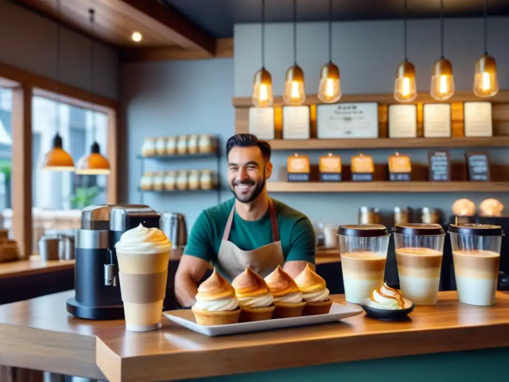 Un acogedor café sin gluten recomendado, con pasteles y café en mesas de madera, clientes felices y barista creando arte en el café