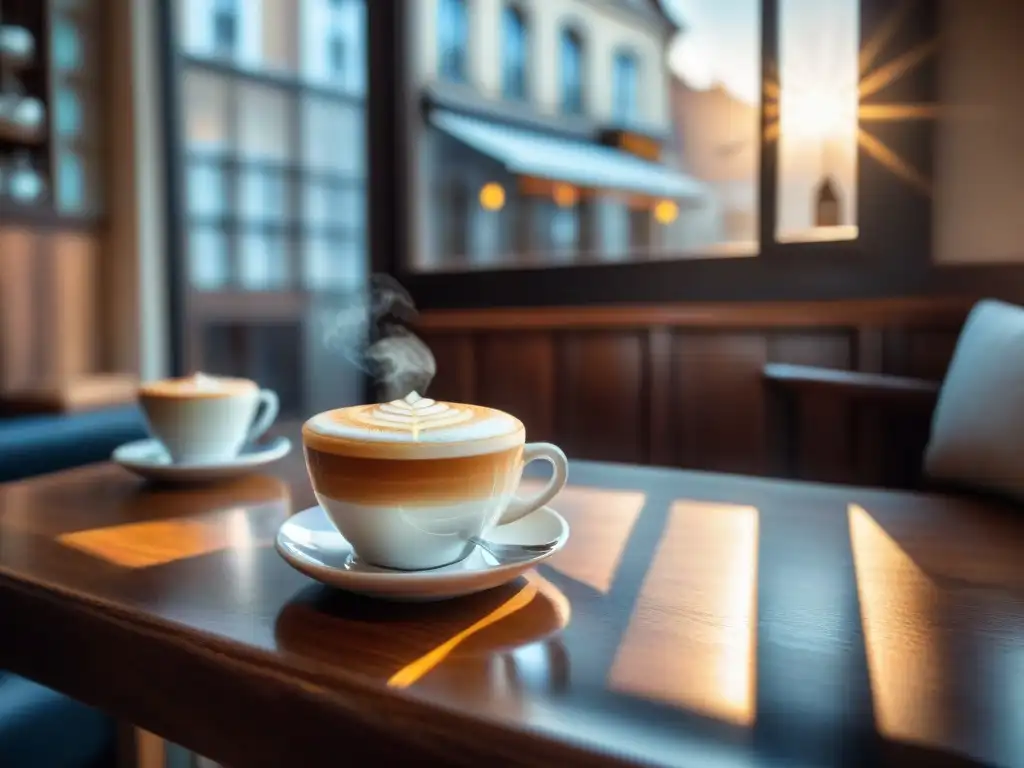 Un acogedor café sin gluten recomendado con arte latte y pasteles frescos en una mesa de madera rústica iluminada por el sol