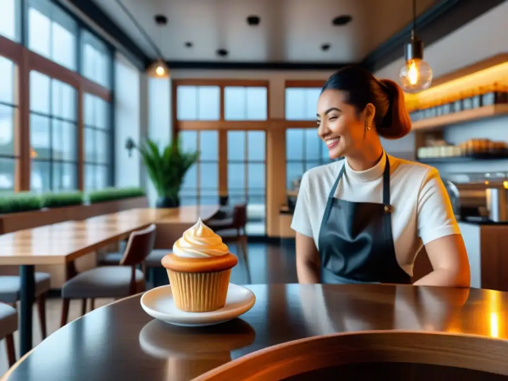 Un acogedor café moderno sin gluten de calidad con delicias expuestas en la barra de mármol, barista sonriente y cliente satisfecho