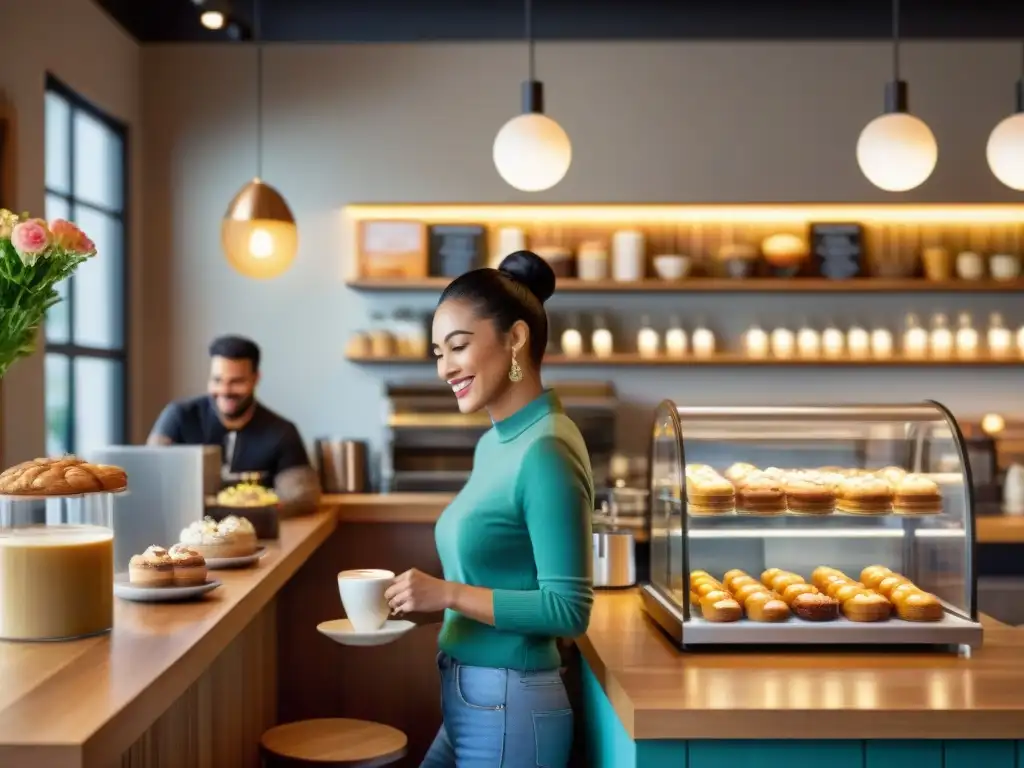 Un acogedor café moderno sin gluten, donde los clientes disfrutan de delicias y bebidas, con decoración sofisticada