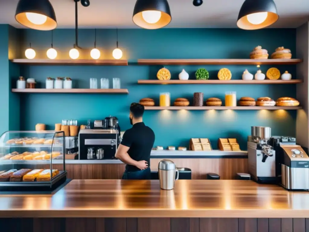 Un acogedor café moderno con mesas y sillas de madera, iluminación suave, repostería sin gluten colorida y un barista preparando café con arte