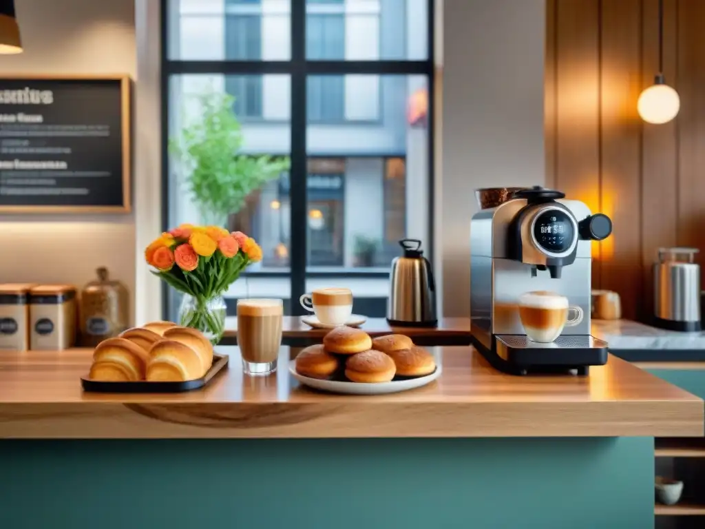 Un acogedor café moderno con opciones sin gluten para café, clientes felices disfrutando de delicias frente a una máquina de espresso y pasteles