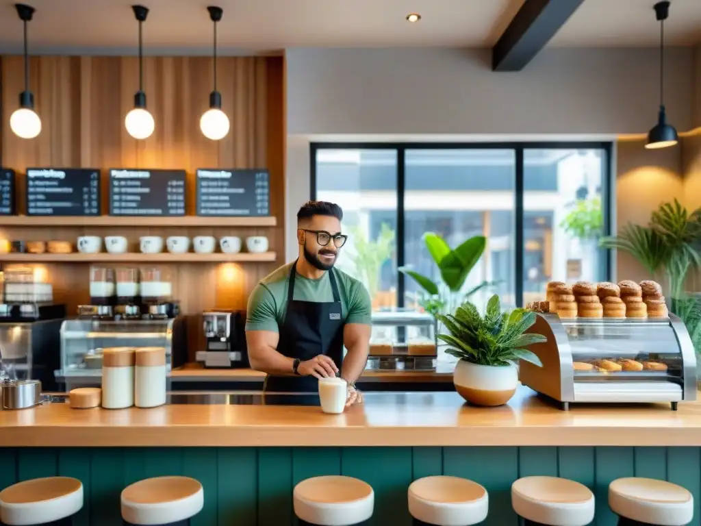 Acogedor café moderno con repostería sin gluten saludable en mostrador de madera y barista creando arte en capuchino