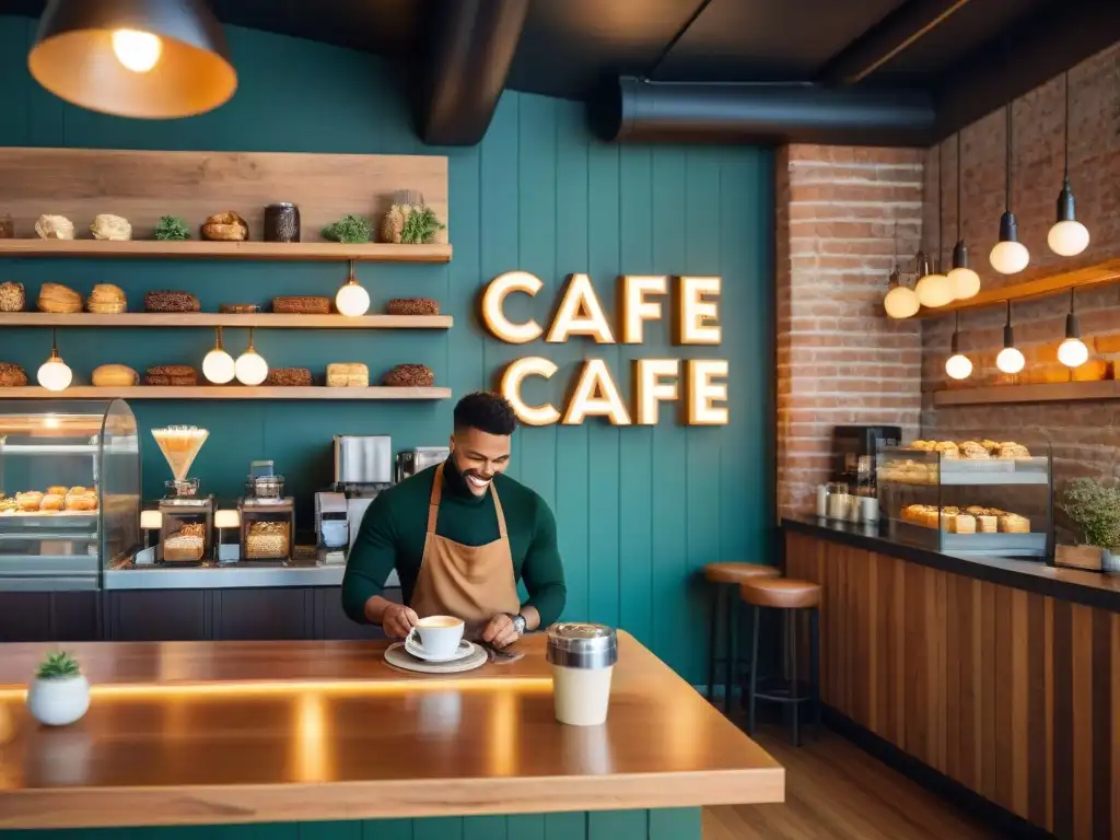 Un acogedor café rústico con ambiente cálido, decorado con mesas de madera y delicias sin gluten de calidad