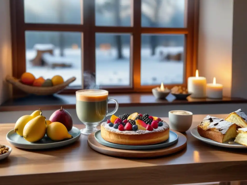 Un acogedor desayuno sin gluten energizante en una mañana invernal, con luz natural y chimenea crepitante