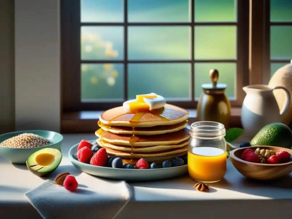 Un acogedor desayuno sin gluten en invierno: chía pudding, tostadas de aguacate con huevos pochados, frutas y panqueques con miel