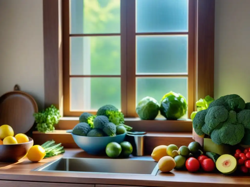 Un acogedor escenario de cocina con frutas y verduras coloridas, utensilios de medición y luz natural