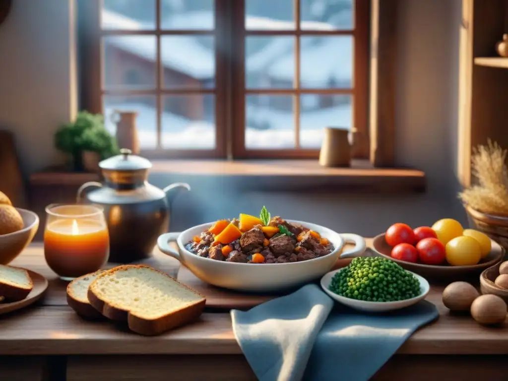 Un acogedor escenario de cocina invernal con recetas reconfortantes sin gluten, bañado en luz cálida y ambiente hogareño