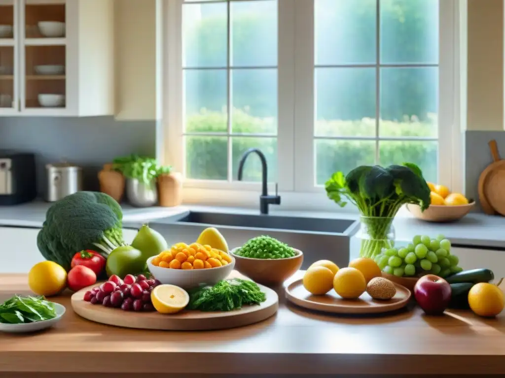 Un acogedor escenario de cocina con una mesa de madera repleta de alimentos frescos y coloridos, irradiando calidez y bienestar