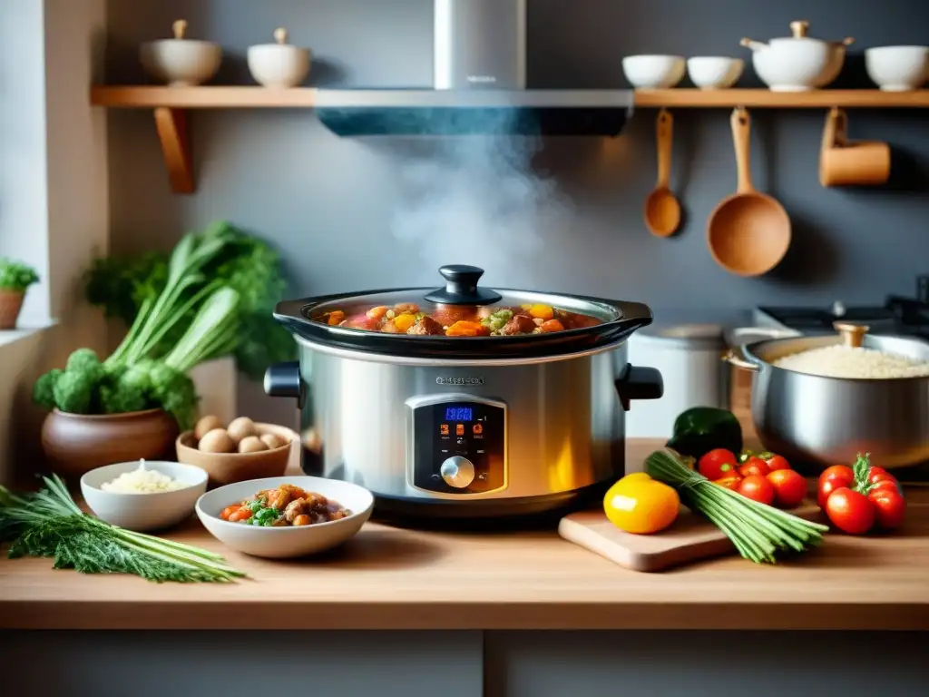 Un acogedor hogar con una olla de cocción lenta, lleno de aromas y sabores de Recetas Slow Cooker sin gluten