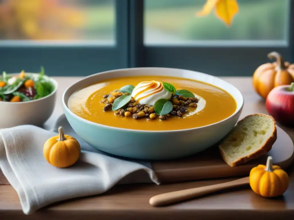 Un acogedor rincón otoñal con recetas sin gluten saludables: sopa de calabaza, pan, ensalada y tarta de manzana con helado de vainilla