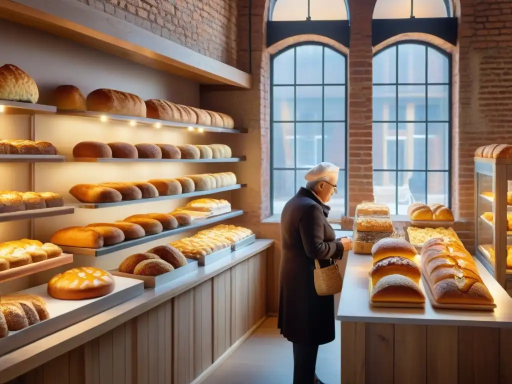 Un acogedor panadería artesanal con una variedad de panes y pasteles sin gluten en estantes de madera, iluminada por el sol