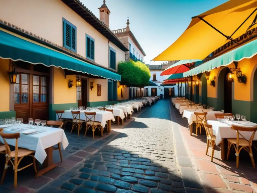 Acogedor restaurante sin gluten en Sevilla, clientes felices bajo sombrillas coloridas al atardecer