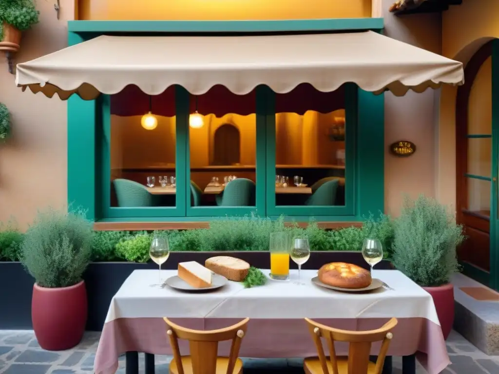 Un acogedor restaurante sin gluten en Zaragoza, con mesa elegante y platos coloridos bajo sombrilla, rodeado de vegetación y arquitectura española tradicional