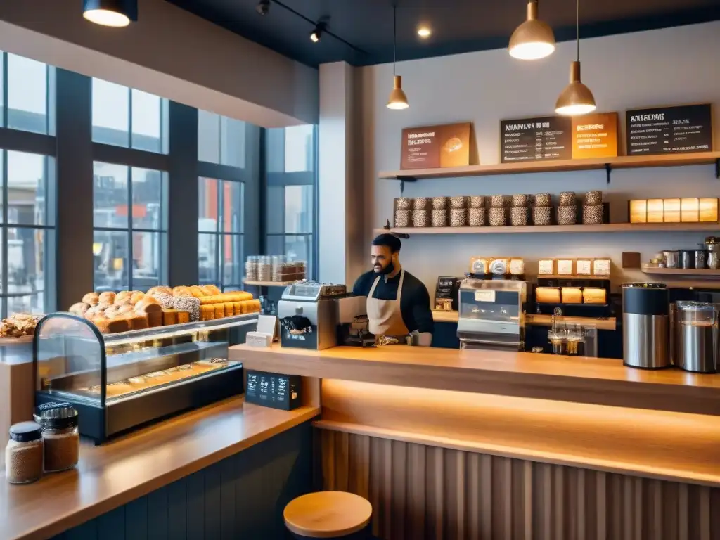 Acogedora cafetería sin gluten 2021 con decoración elegante, barista preparando arte en el café y ambiente cálido iluminado por luz natural