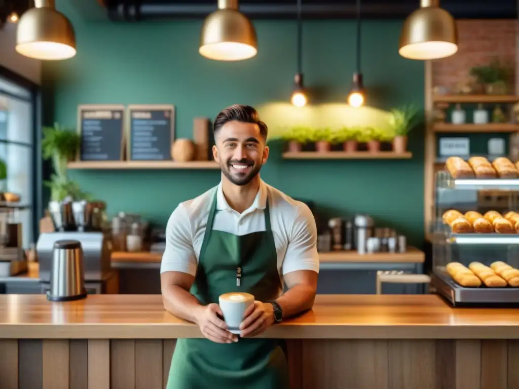 Acogedora cafetería sin gluten innovadora con decoración moderna y pasteles deliciosos en mostrador