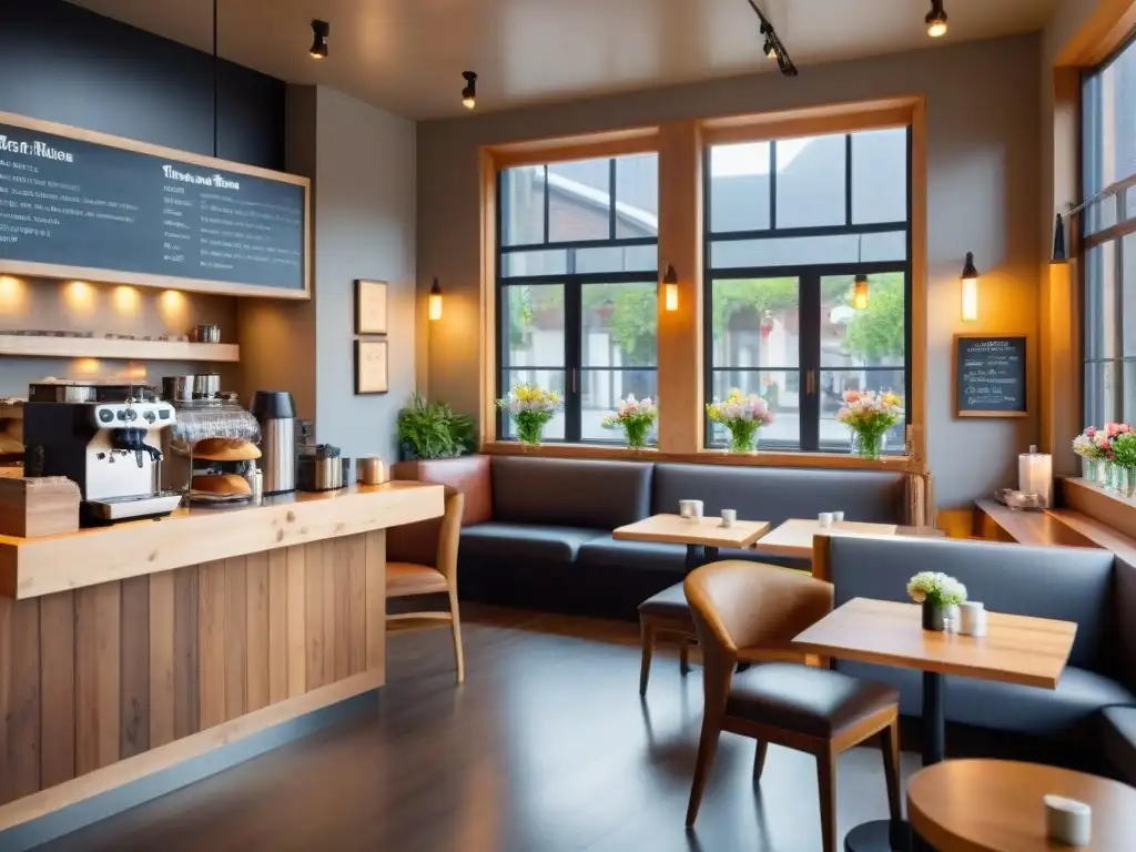 Acogedora cafetería con mesas de madera, flores, menú sin gluten y barista creando arte en el café