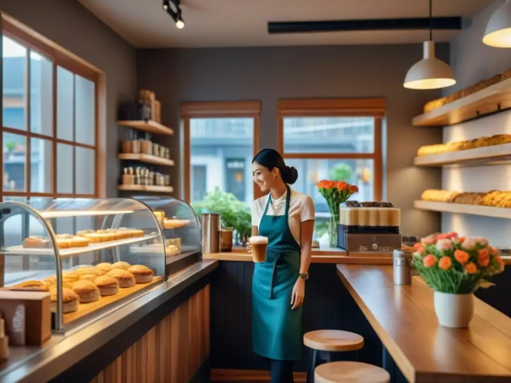 Acogedora cafetería sin gluten saludable con barista creando arte en lattes y clientes felices