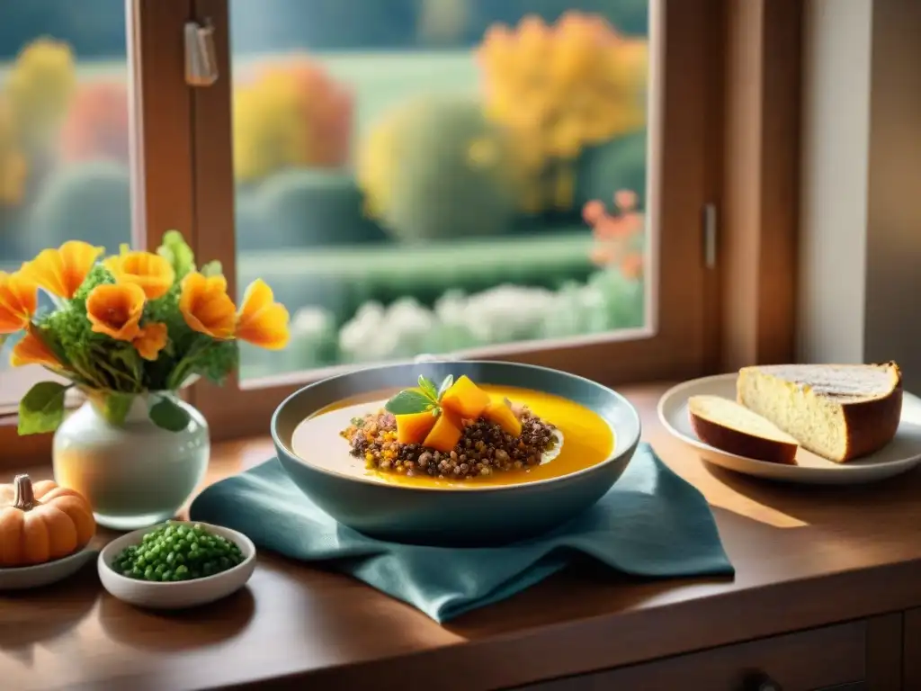 Una acogedora cena otoñal sin gluten en una cocina rústica, con deliciosos platillos y flores de otoño