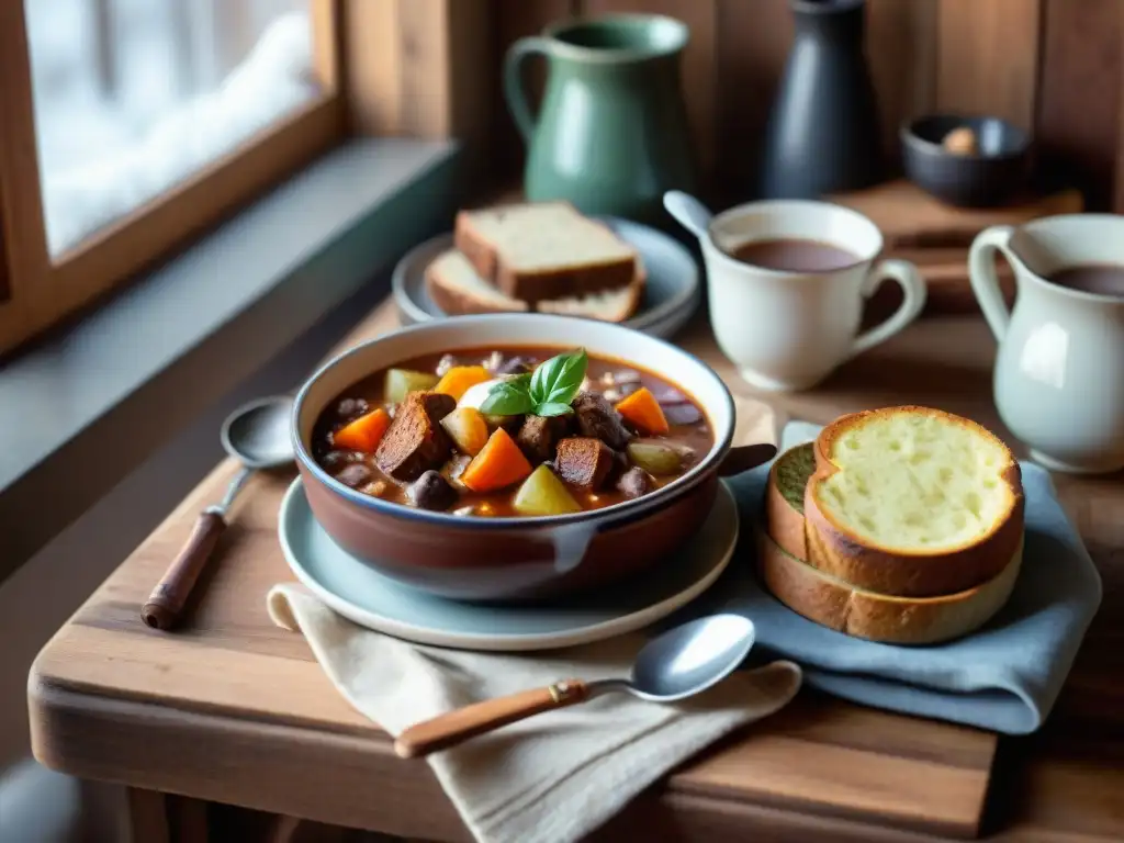 Una acogedora cocina invernal con recetas reconfortantes sin gluten, luz natural y mesa rústica adornada