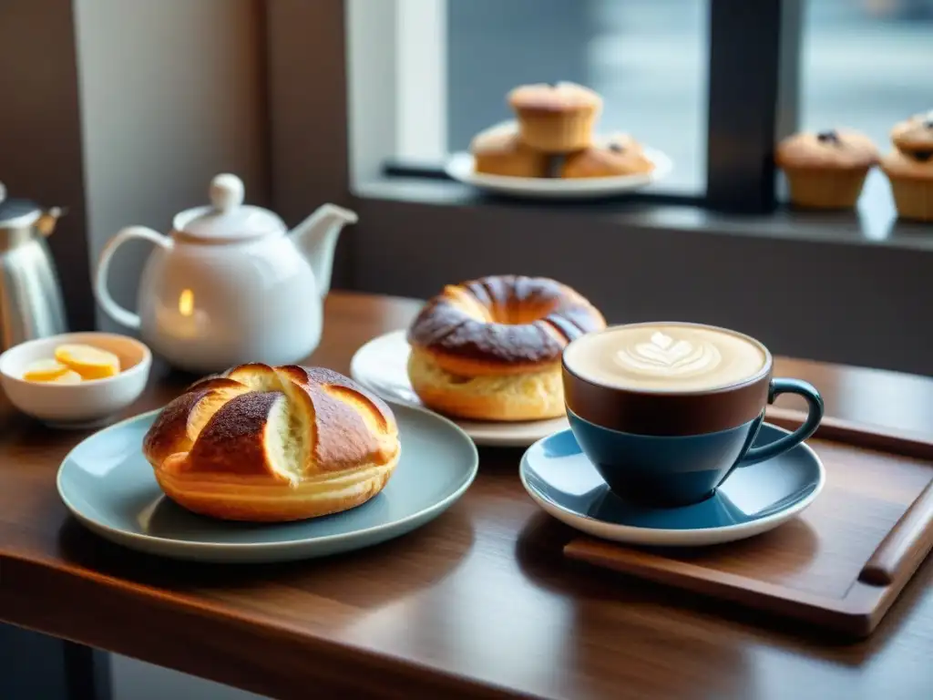 Una acogedora mesa de cafetería con opciones sin gluten para café: croissants, muffins y biscotti, en un ambiente cálido y acogedor