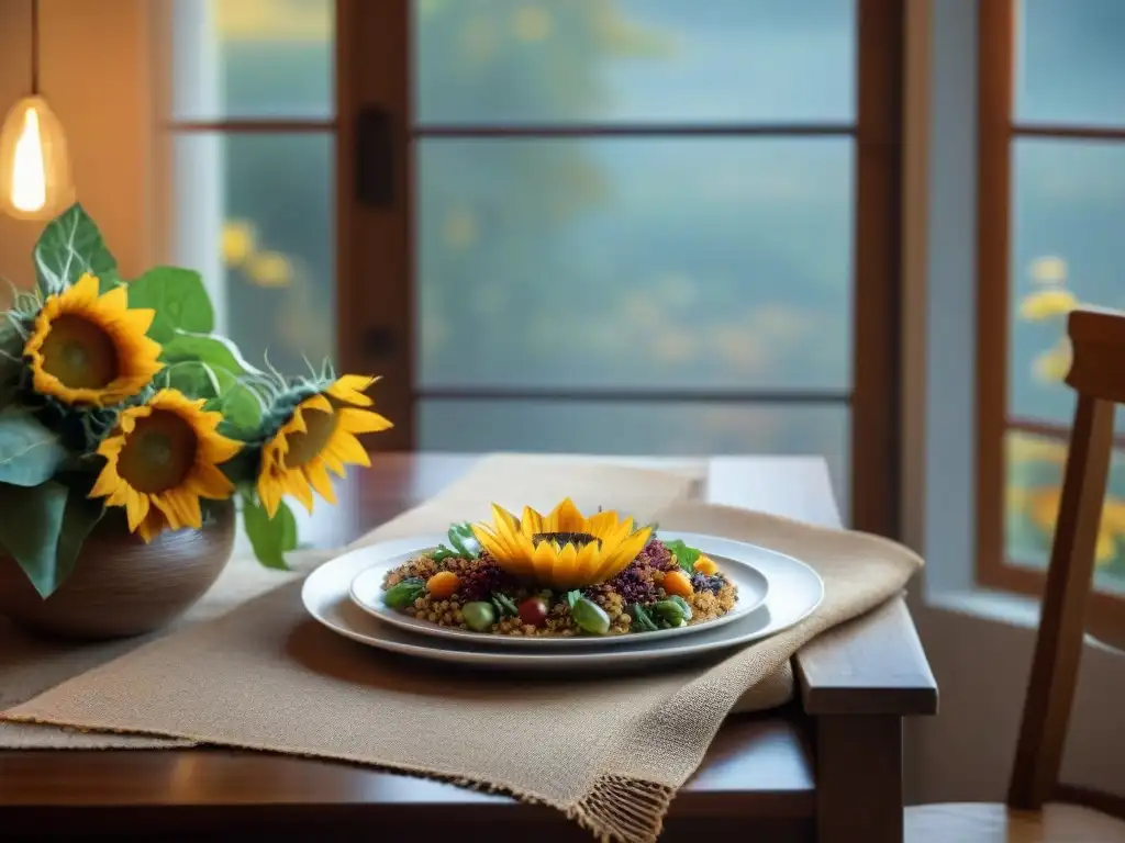 Una acogedora mesa de cocina lista para una cena rápida sin gluten en otoño, con platos deliciosos y cálida iluminación