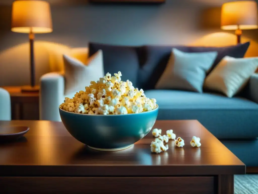 Acogedora sala lista para una noche de películas con palomitas de maíz sin gluten