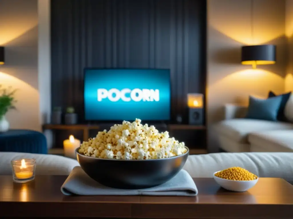 Acogedora sala de estar con pantalla gigante mostrando película en blanco y negro, palomitas sin gluten y snacks