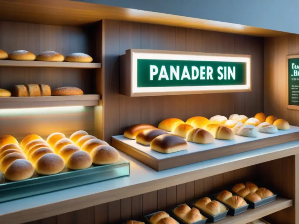 Acogedora tienda online panadería sin gluten con pan y pasteles recién horneados en estantes de madera