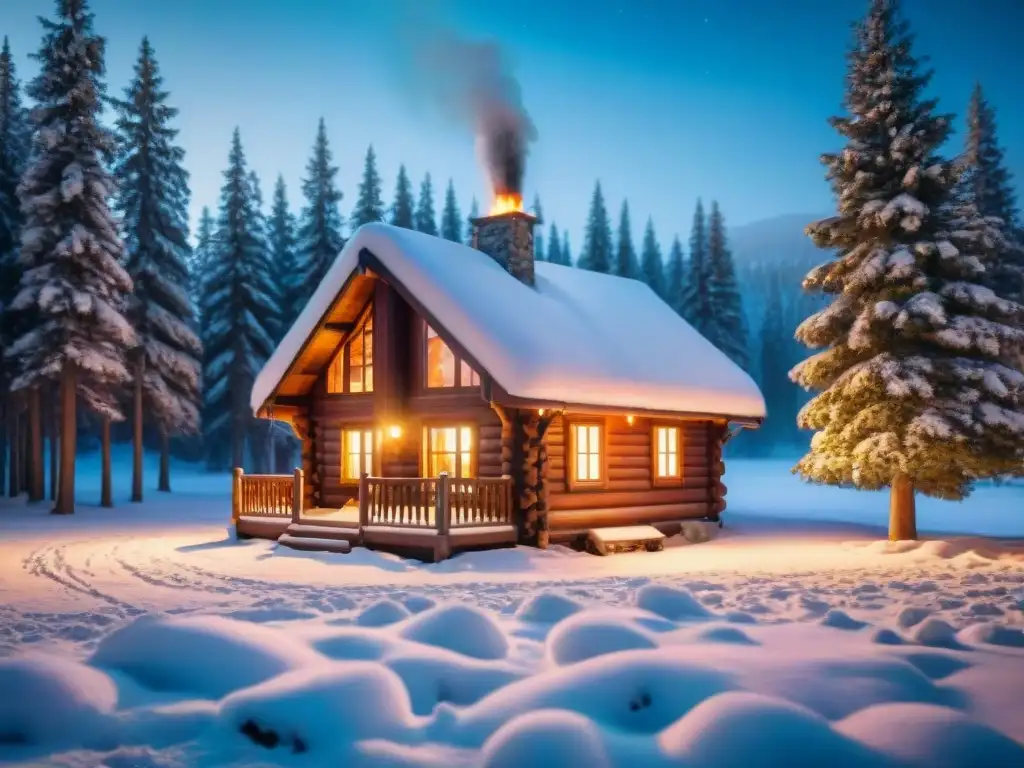 Acolchada cabaña de madera en un bosque nevado bajo un cielo estrellado, luz cálida invitando a Escapadas de invierno sin gluten