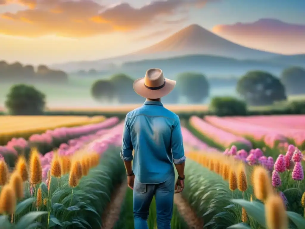 Un agricultor feliz inspeccionando un campo de trigo dorado al amanecer, en una escena serena y vibrante