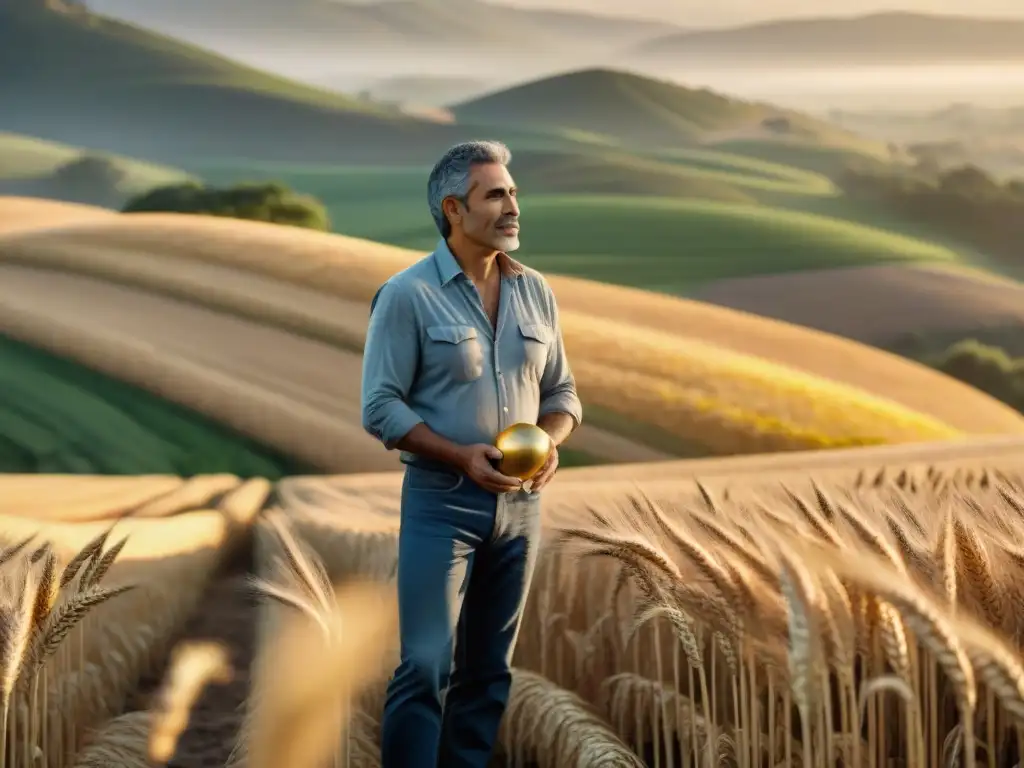 Un agricultor gluten free en un campo de trigo dorado, simbolizando crecimiento y transformación