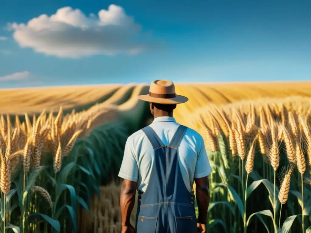 Un agricultor sin gluten inspecciona orgulloso su campo de trigo dorado bajo el cielo azul, evocando dedicación y belleza natural