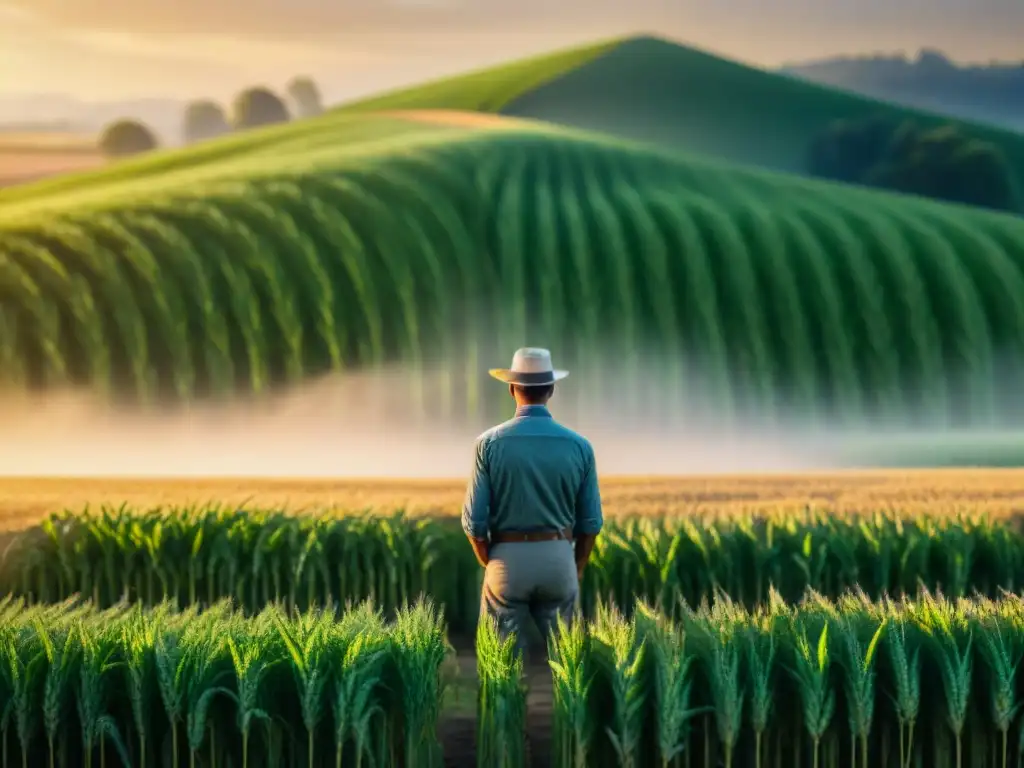 Un agricultor sin gluten camina orgulloso entre campos de trigo al atardecer, en una escena inspiradora que cuenta su historia