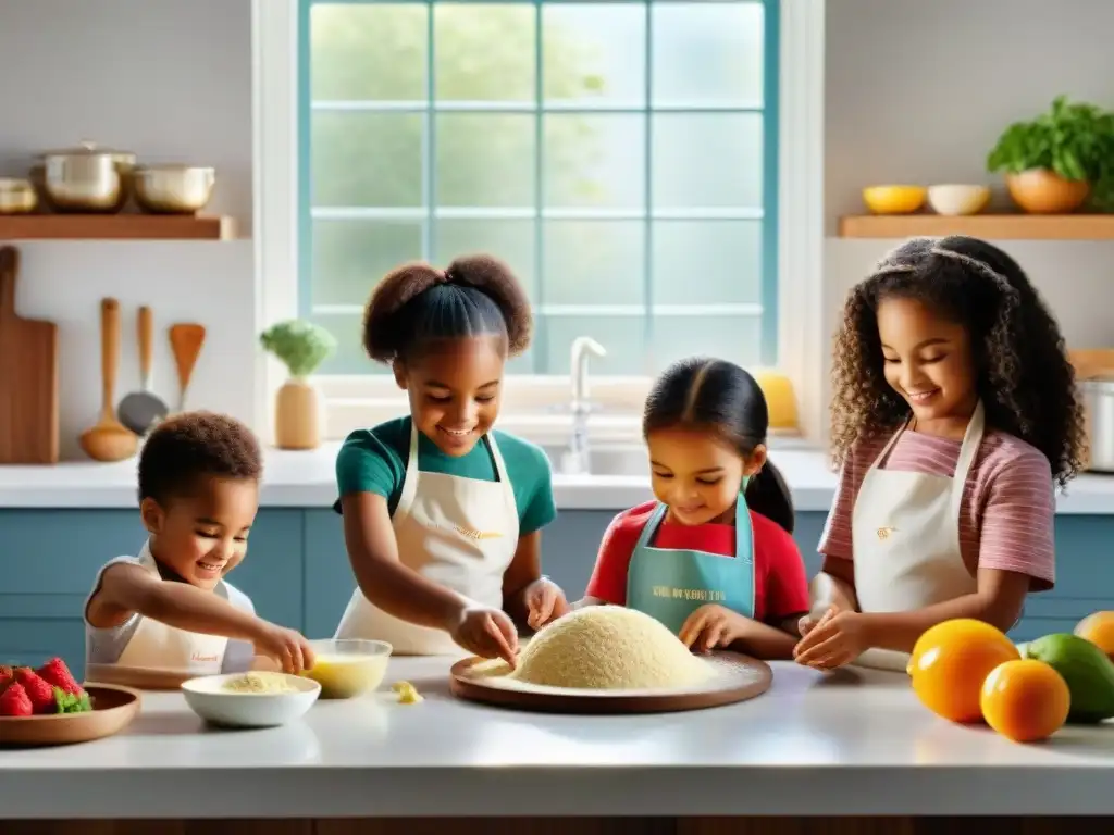 Alegre cocina infantil con niños felices preparando recetas sin gluten juntos