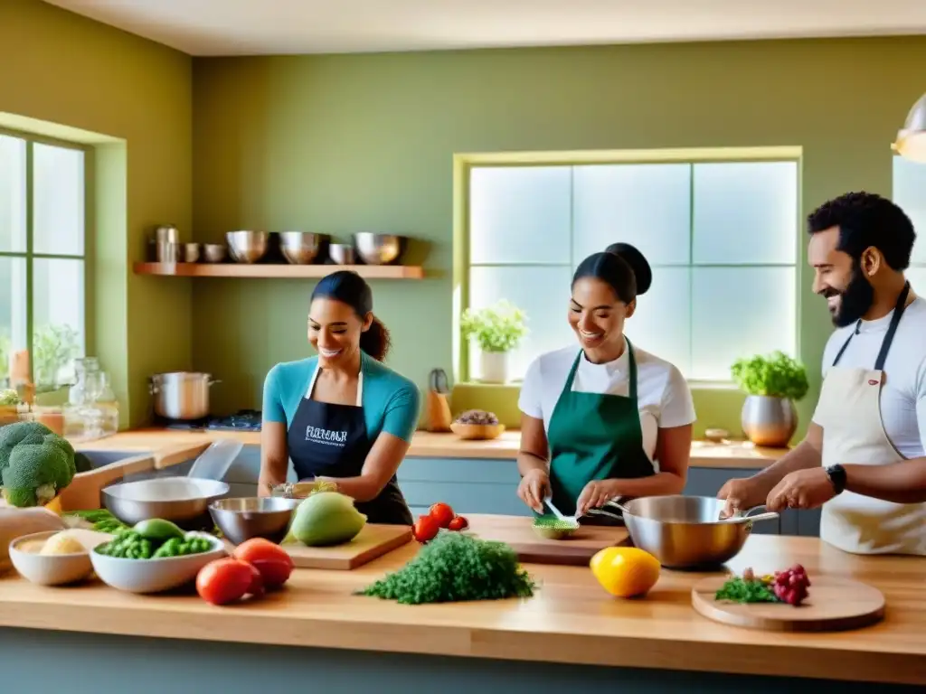 Un alegre curso de verano sin gluten en una cocina soleada, con adultos y niños cocinando juntos