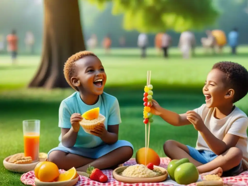 Un alegre grupo de niños diversos disfruta de meriendas sin gluten en un parque