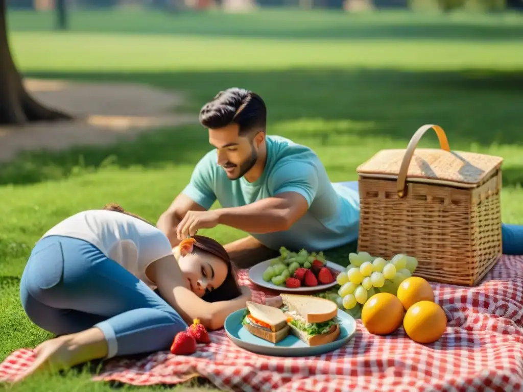 Un alegre picnic sin gluten en el parque: sándwiches, frutas, ensaladas y snacks, con gente diversa disfrutando