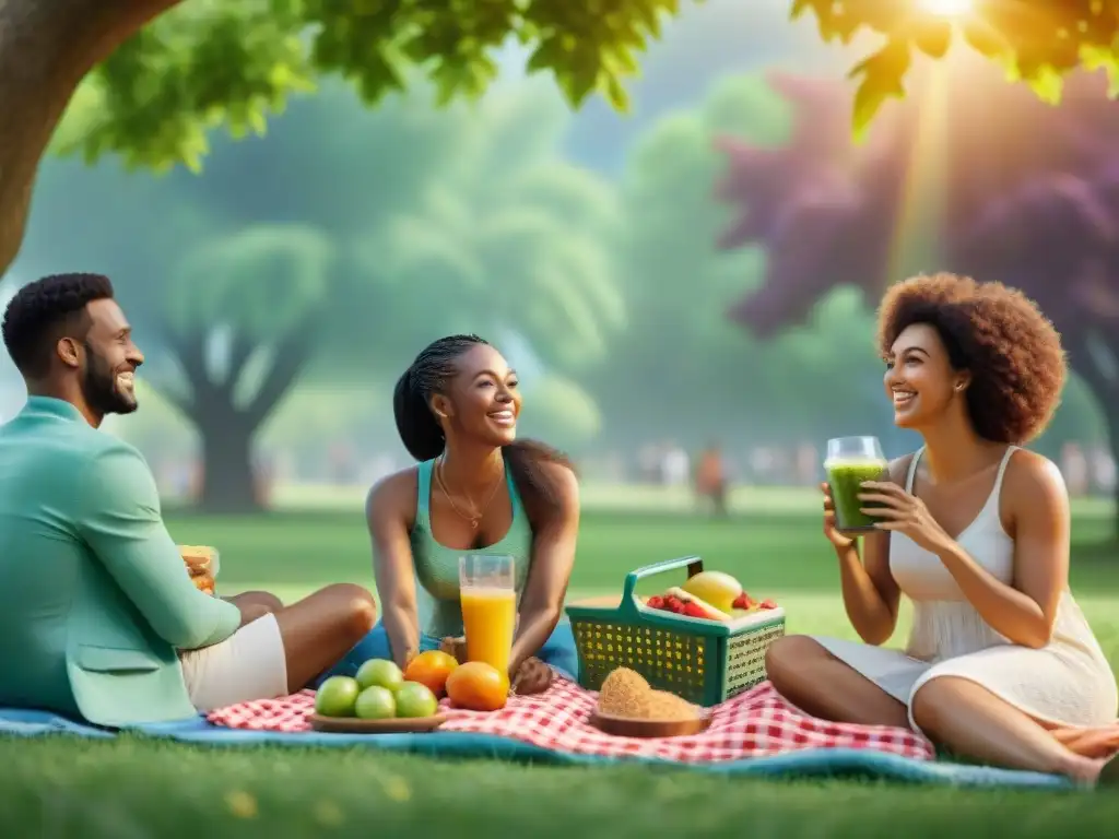 Un alegre picnic sin gluten en el parque: personas con celiaquía de todas las edades y etnias disfrutan de comida rica en ácido fólico