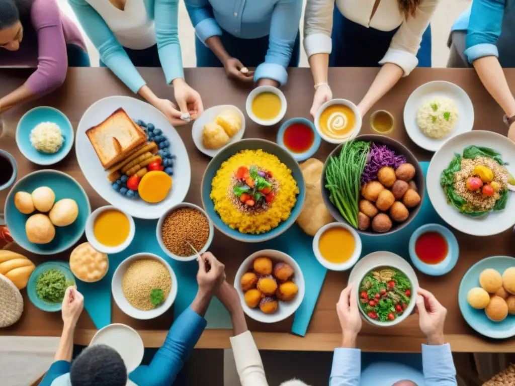 Celebración alegre con recetas sin gluten para alergias en una mesa exquisita y diversa