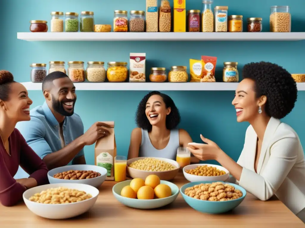 Alegre reunión alrededor de mesa con alimentos procesados sin gluten, transmitiendo comunidad y disfrute